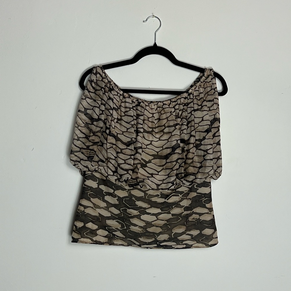 Anne Fontaine Taupe and Black Off-Shoulder Patterned Top